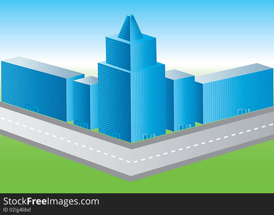 City in cartoon style with skyscrapers and road over green land and blue sky