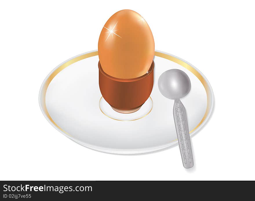 Egg in a glass on a plate with a spoon isolated over white. Egg in a glass on a plate with a spoon isolated over white