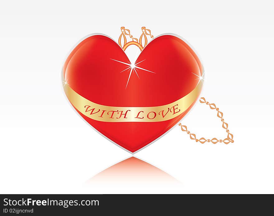 Heart medallion with gold chain and with love text isolated over white