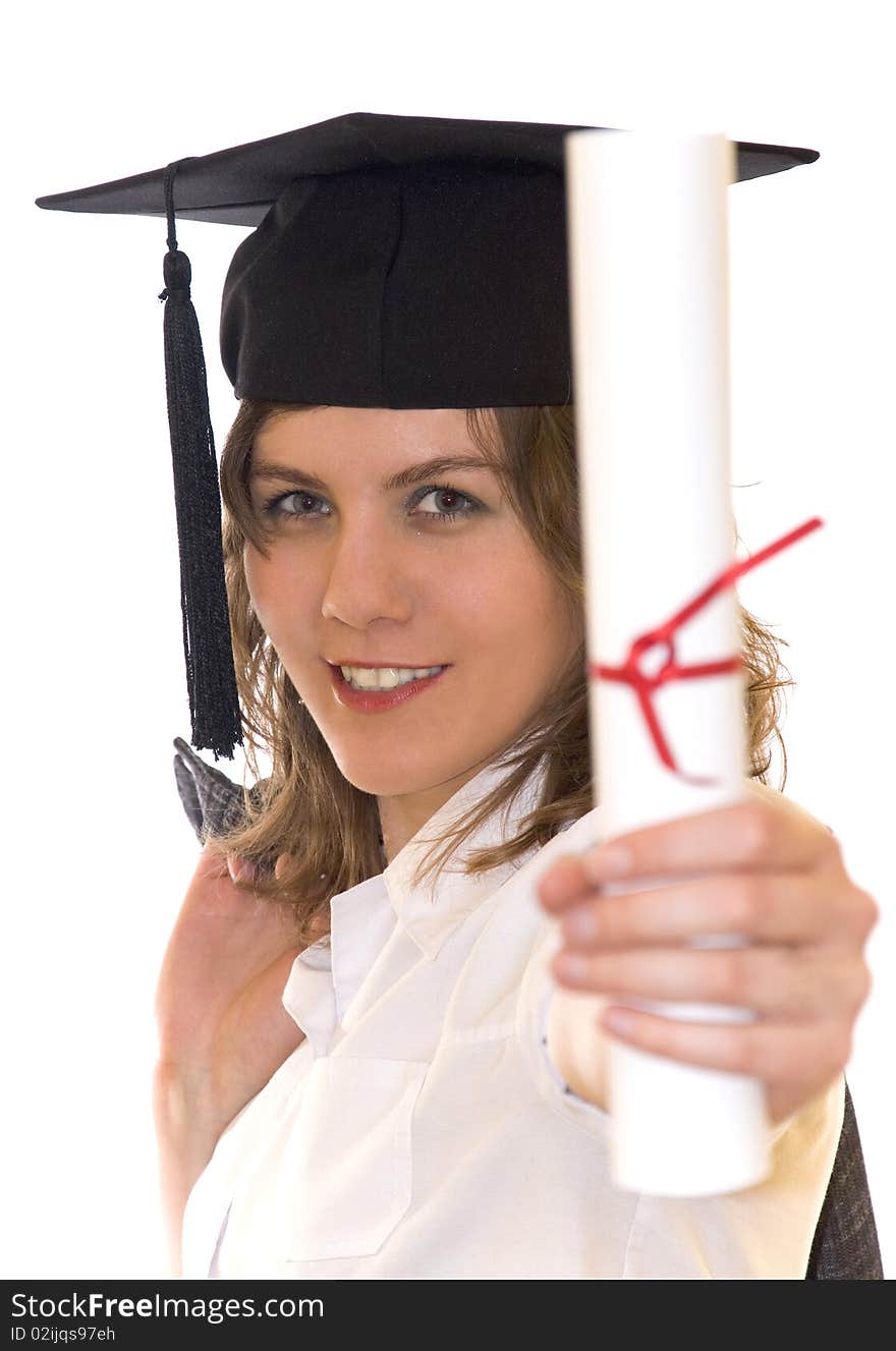 Young woman with graduation diploma and graduation hat isolated on white. Young woman with graduation diploma and graduation hat isolated on white