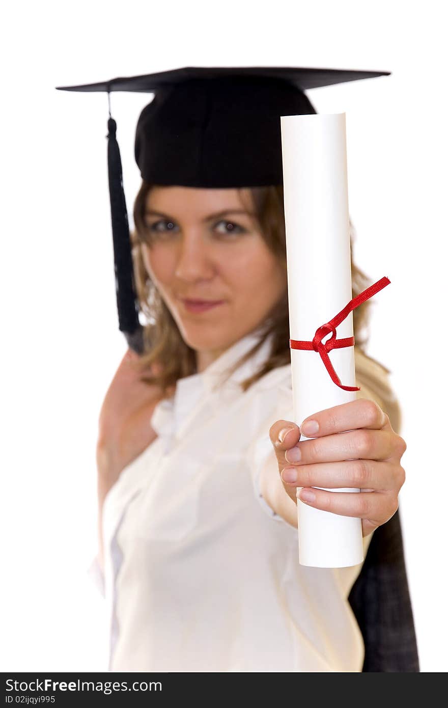 Young woman with graduation diploma and graduation hat isolated on white, diploma on a first scene, blurry women inn background. Young woman with graduation diploma and graduation hat isolated on white, diploma on a first scene, blurry women inn background