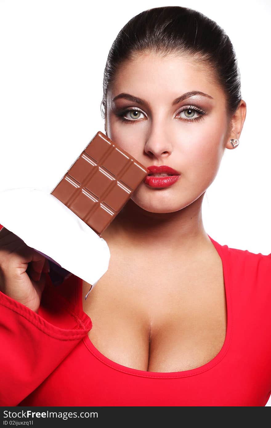 Woman And Bar Of Chocolate