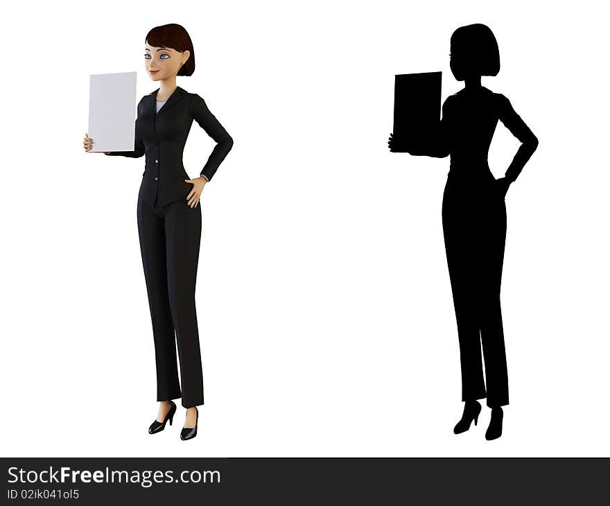 Businesswoman and panel on a white background with alpha mask. Businesswoman and panel on a white background with alpha mask