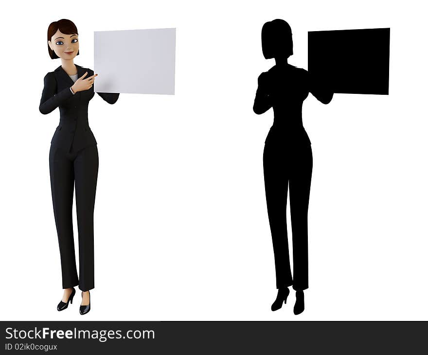 Businesswoman and panel on a white background with alpha mask. Businesswoman and panel on a white background with alpha mask