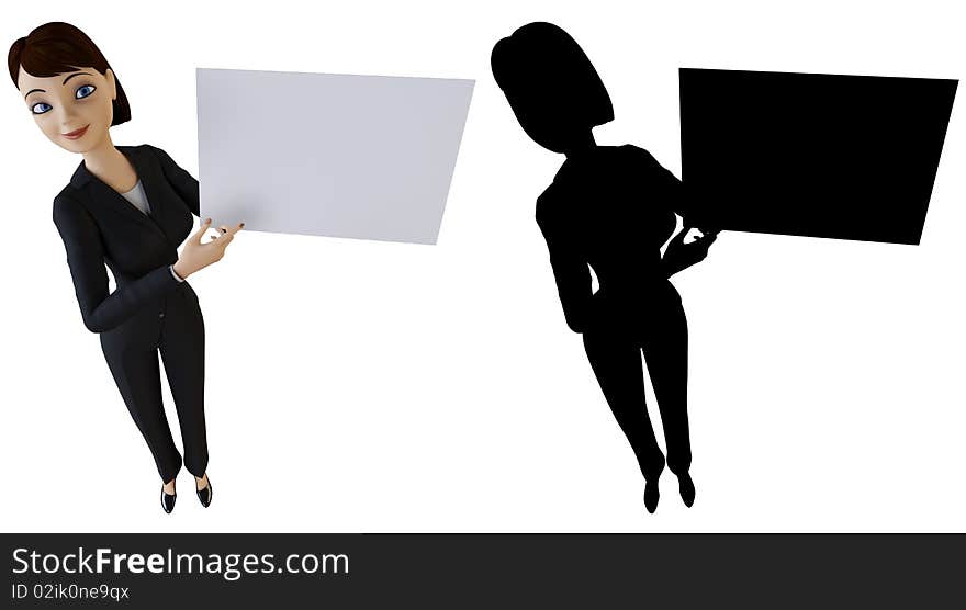 Businesswoman and panel on a white background with alpha mask. Businesswoman and panel on a white background with alpha mask