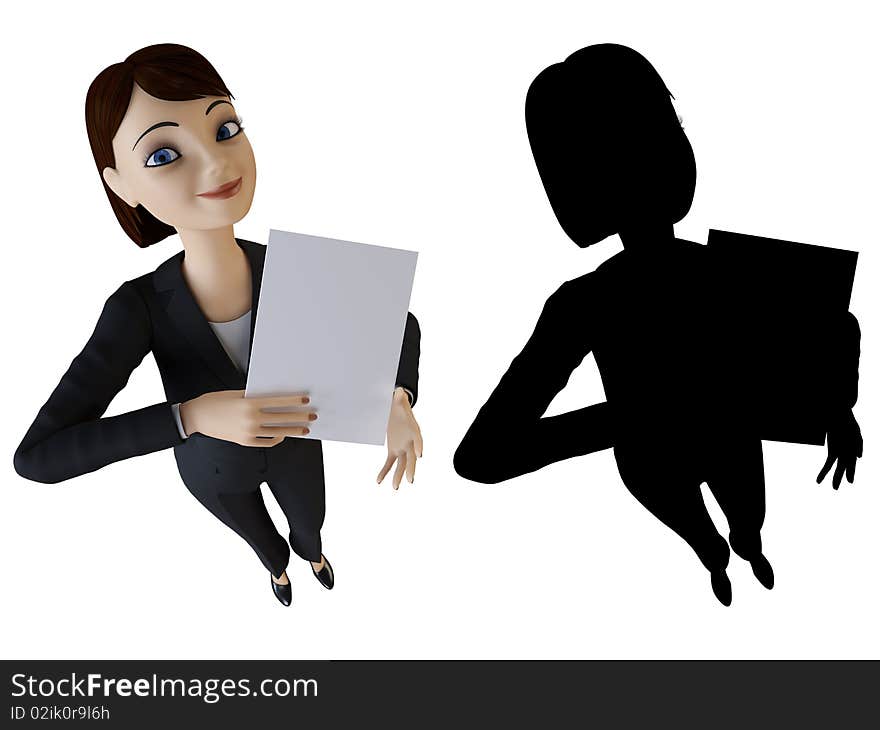 Businesswoman and panel on a white background with alpha mask. Businesswoman and panel on a white background with alpha mask