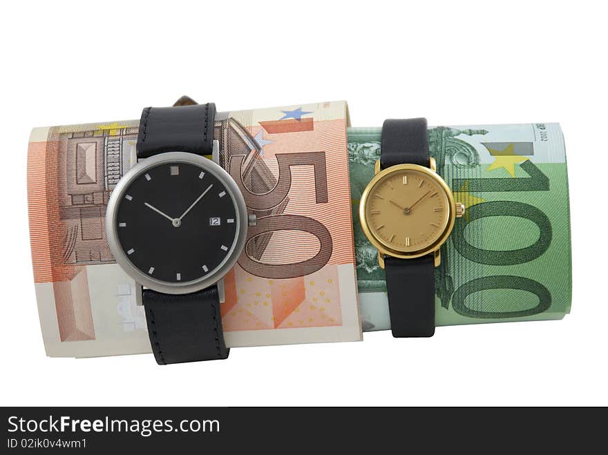 Time is money concept photo: two watches with fifty and one hundred euro bills, isolated over white. Time is money concept photo: two watches with fifty and one hundred euro bills, isolated over white