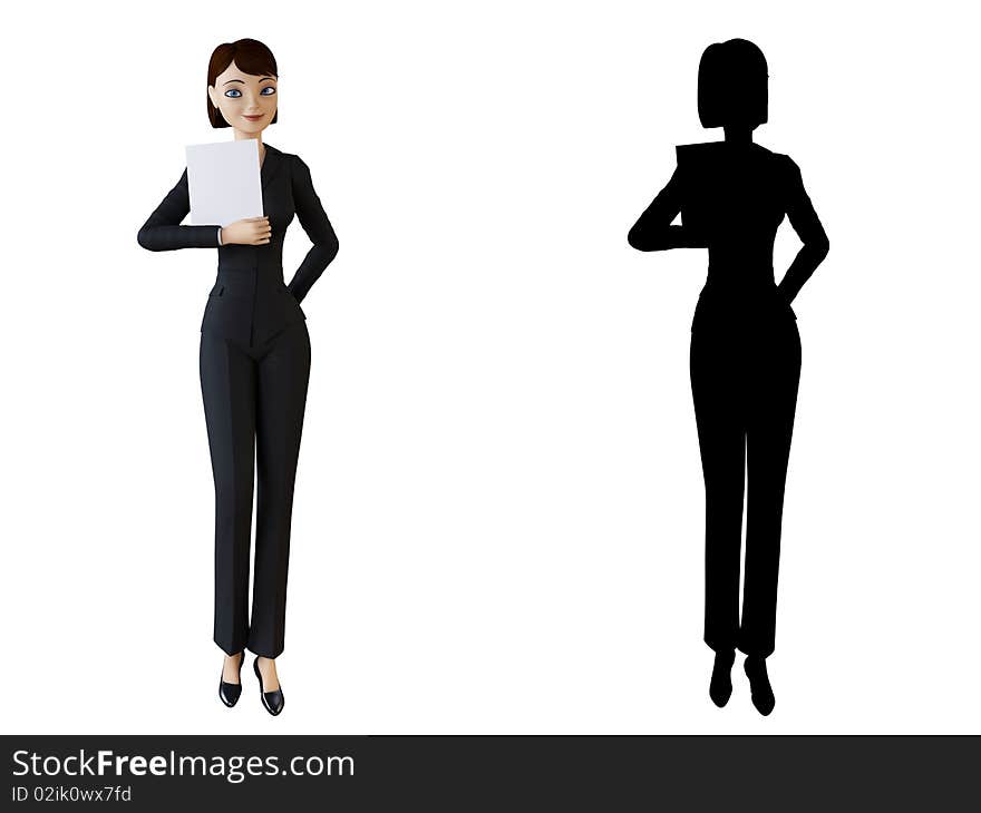 Businesswoman and panel on a white background with alpha mask. Businesswoman and panel on a white background with alpha mask