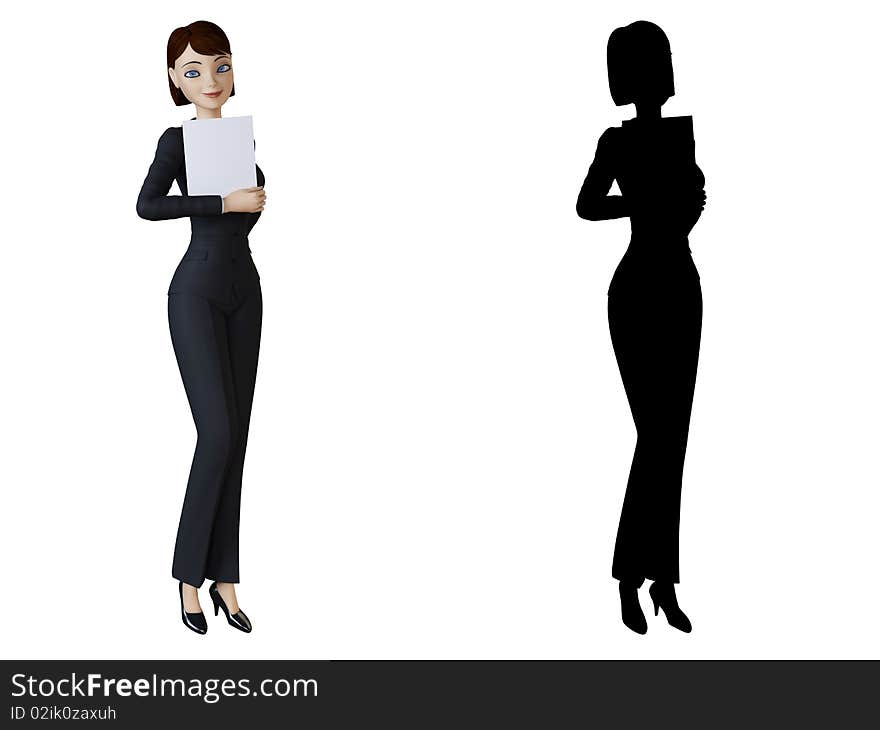 Businesswoman and panel on a white background with alpha mask. Businesswoman and panel on a white background with alpha mask