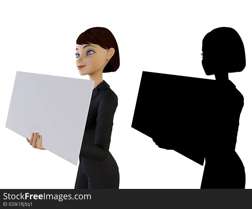 Businesswoman and panel on a white background with alpha mask. Businesswoman and panel on a white background with alpha mask