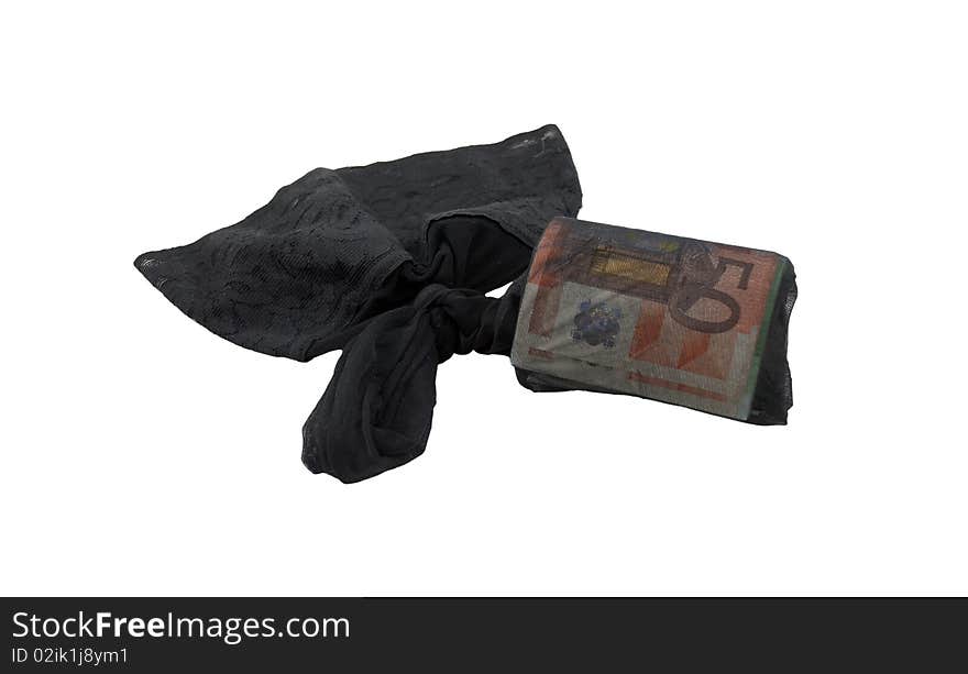 Conceptual photo: euro banknotes hidden in stocking, isolated on a white background. Conceptual photo: euro banknotes hidden in stocking, isolated on a white background