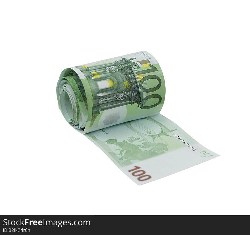 Toilet paper made from 100 euro banknotes, isolated on a white. Toilet paper made from 100 euro banknotes, isolated on a white