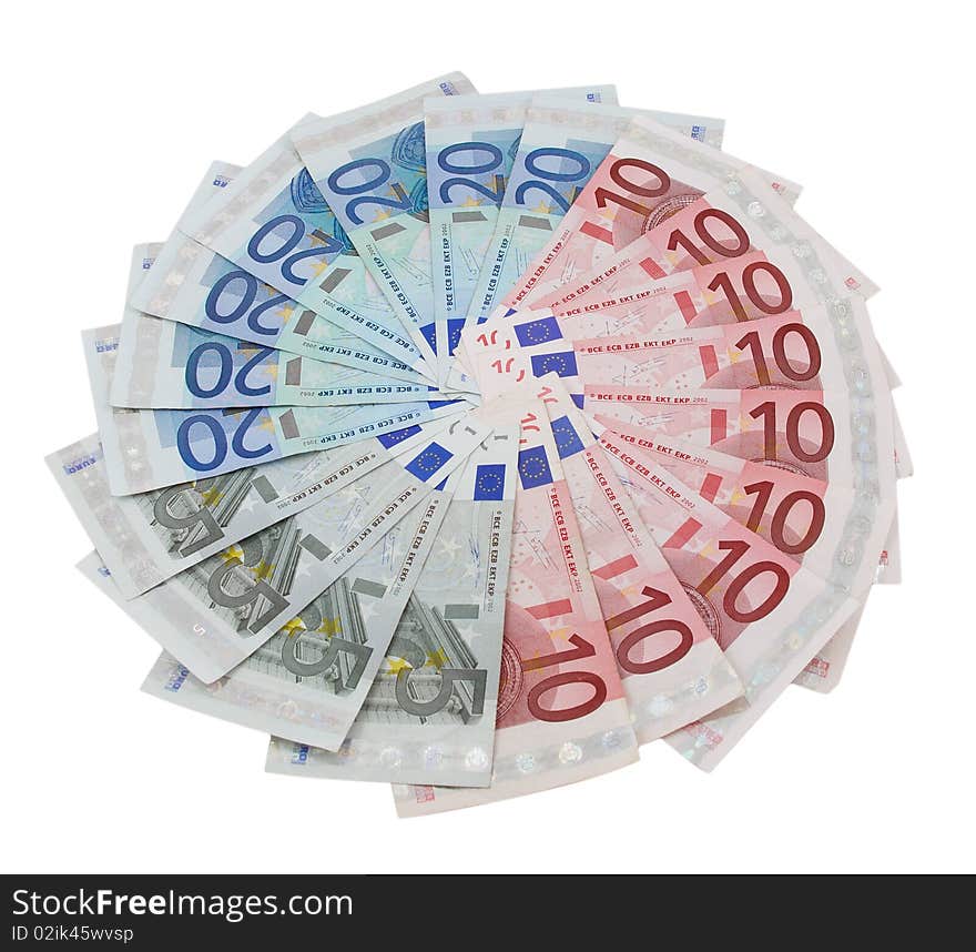 Five, ten and twenty euro banknotes on a white background