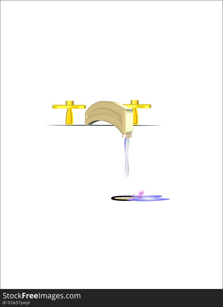 3d bathroom faucet in gold with water stream in 3d on white. 3d bathroom faucet in gold with water stream in 3d on white