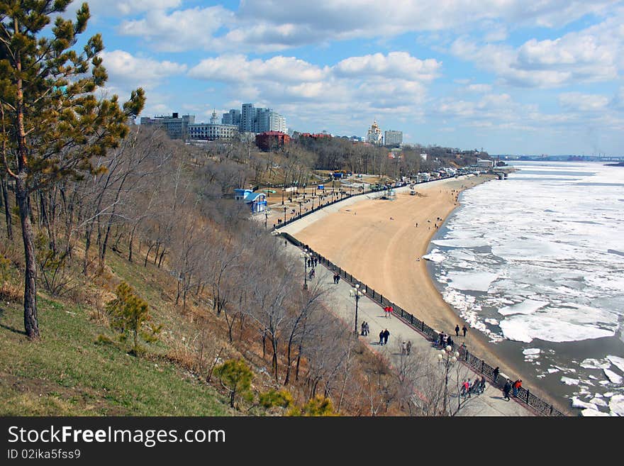 View of city quay of the river in the early spring