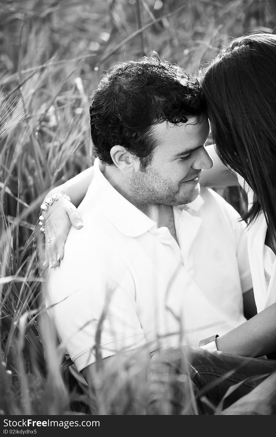 Black and white portrait of a lovely couple in love.