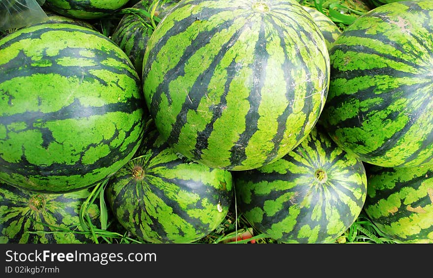 A pile of water melon in summer. A pile of water melon in summer