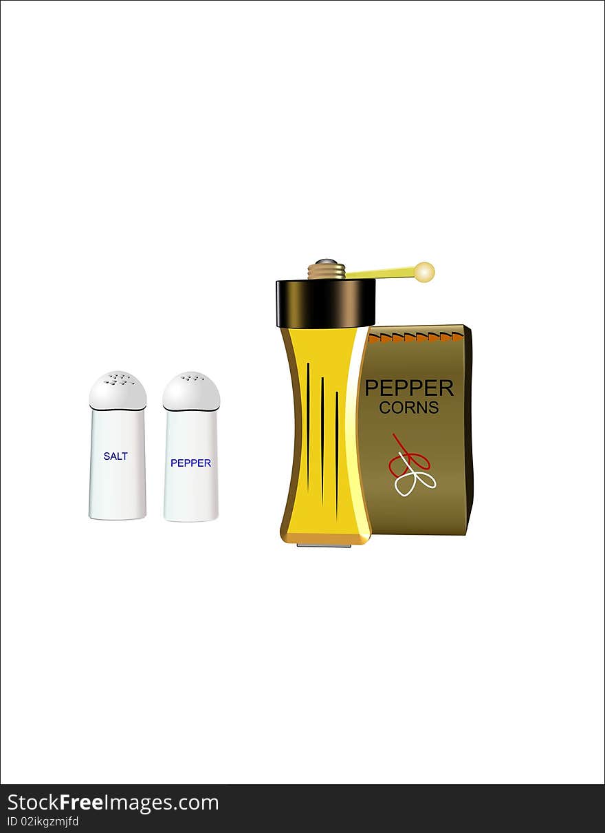 Salt and pepper shakers with pepper mill and bag of pepper corns in 3d on white