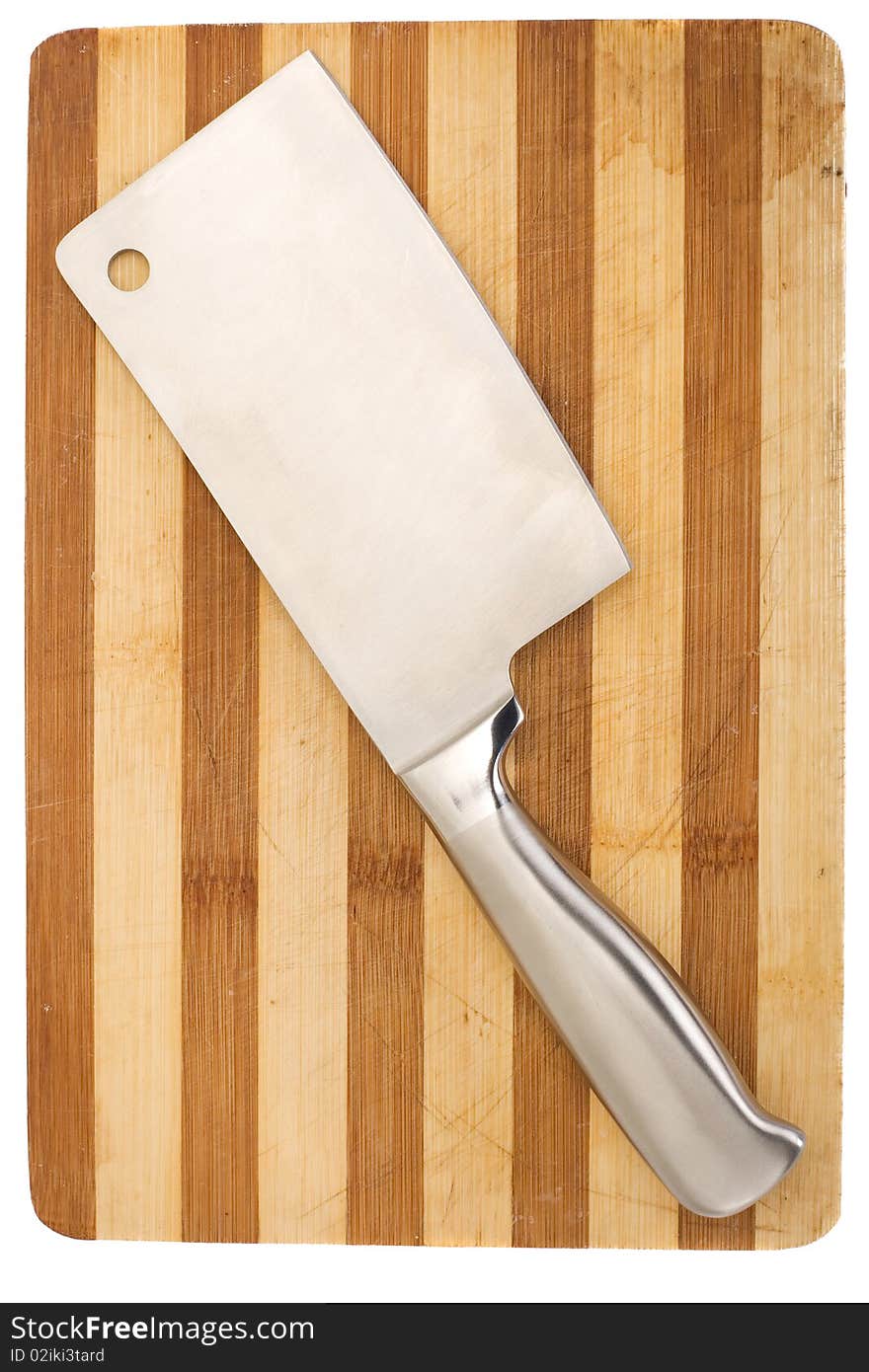 Meat cleaver isolated over wooden background