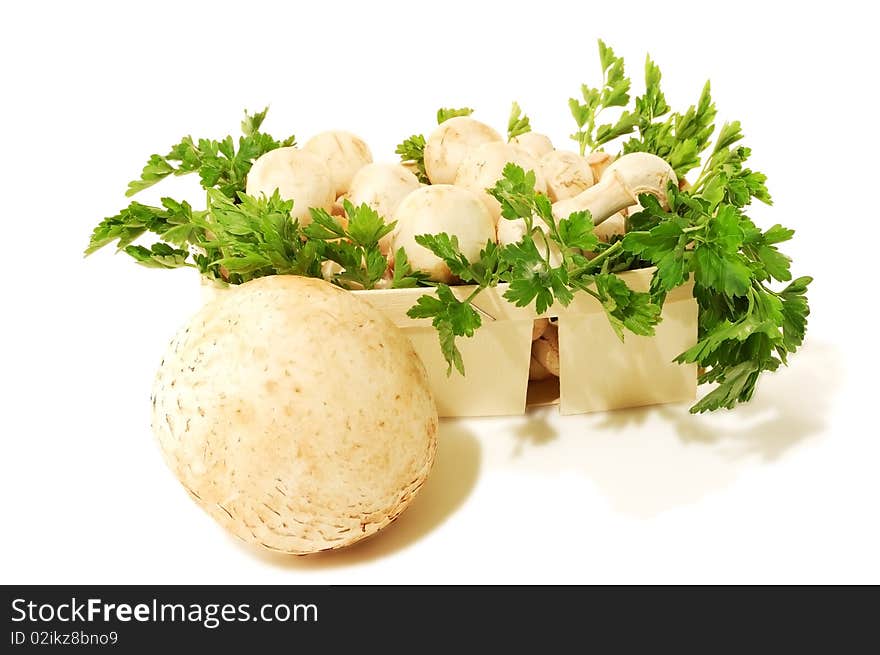 Mushrooms in a basket with greens isolated on a white background. Mushrooms in a basket with greens isolated on a white background