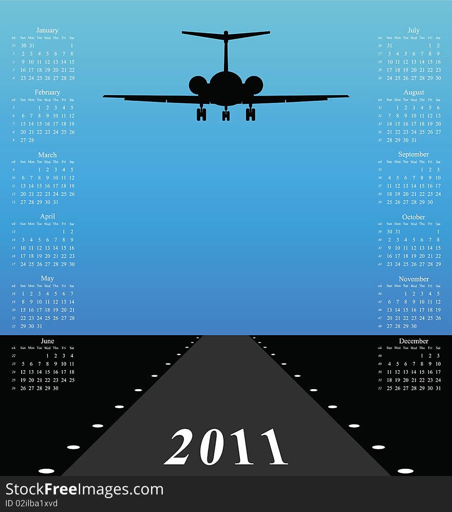 2011 calendar with jet plane landing on runway