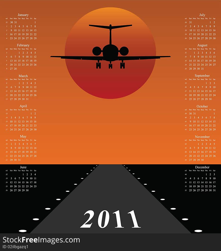 2011 calendar with jet plane landing on runway