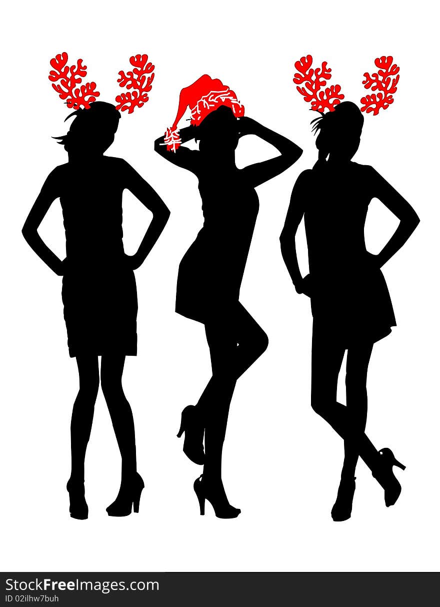 Black silhouettes santa claus girls