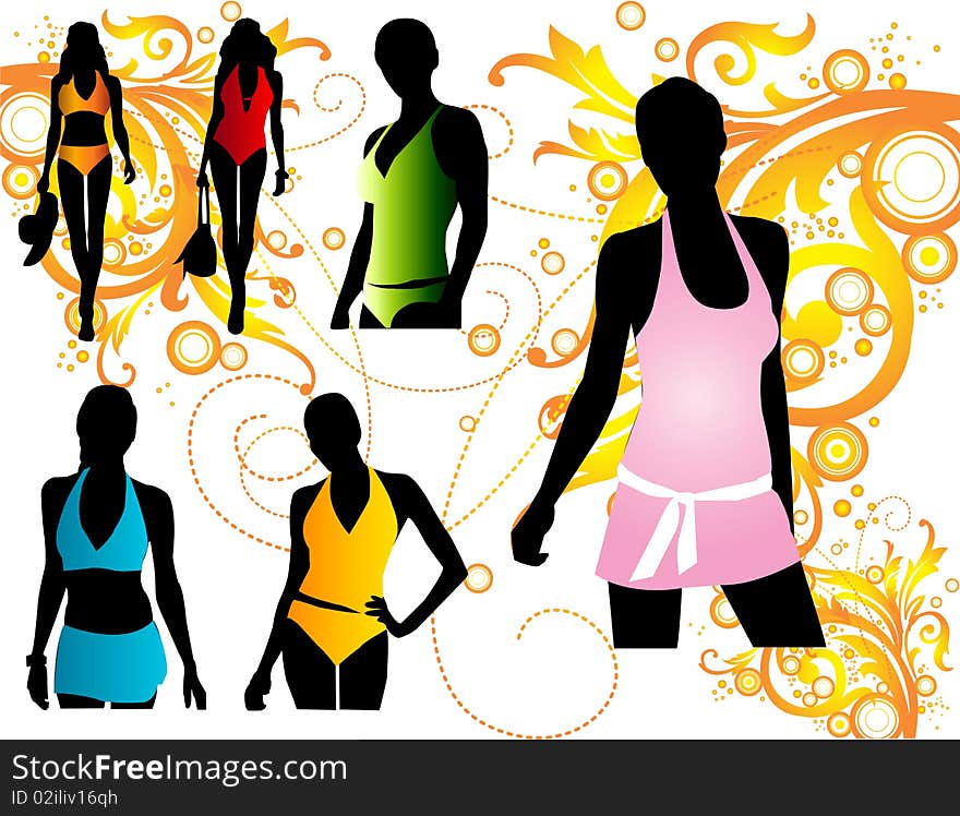 Silhouettes women in color swimwear. Silhouettes women in color swimwear