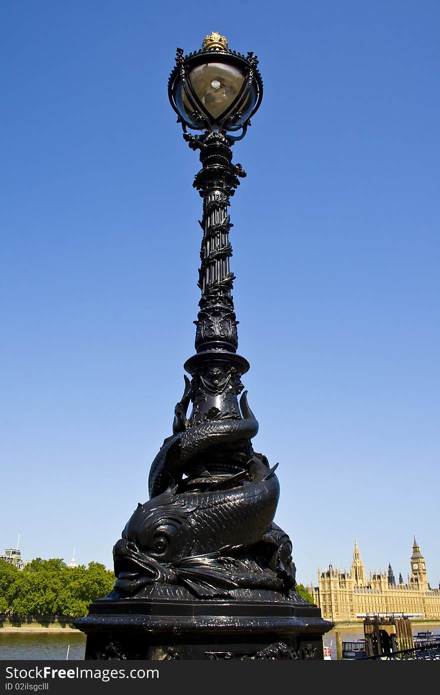 A London street lamp near the River Thames, London, England