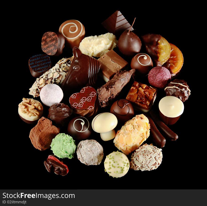 An assortment of chocolate pralinés. An assortment of chocolate pralinés.