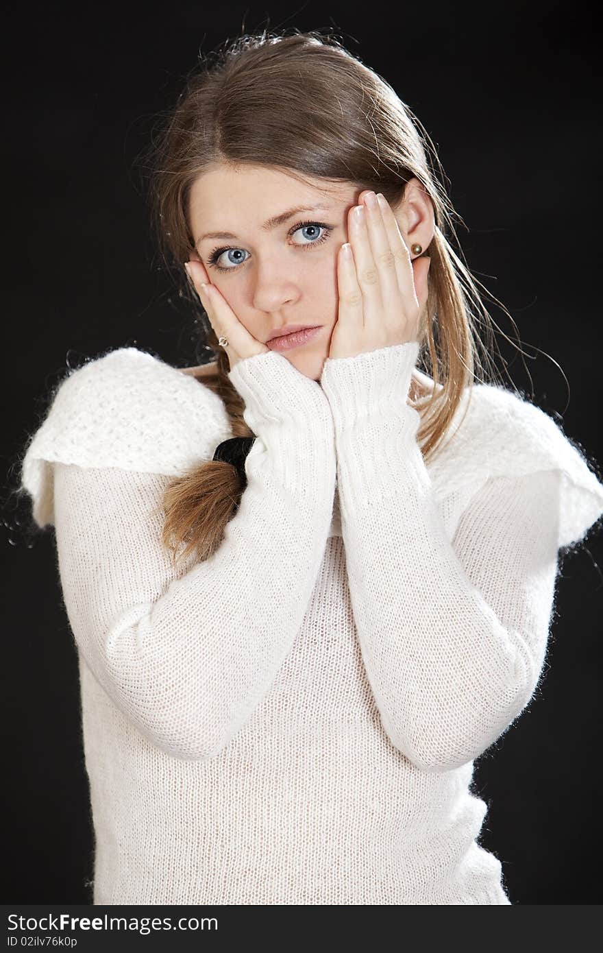 Beautiful smiling woman blue eyes. Isolated over black background. Beautiful smiling woman blue eyes. Isolated over black background