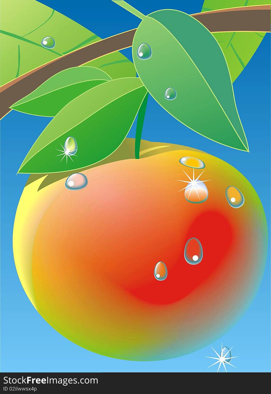 Red apple on the branch, with leafes and drops of water, on blue background, decorative composition,