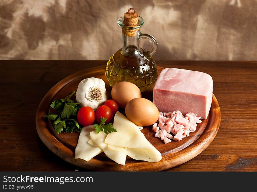 Photo of ingredients for preparing and coocking omelettes. Photo of ingredients for preparing and coocking omelettes