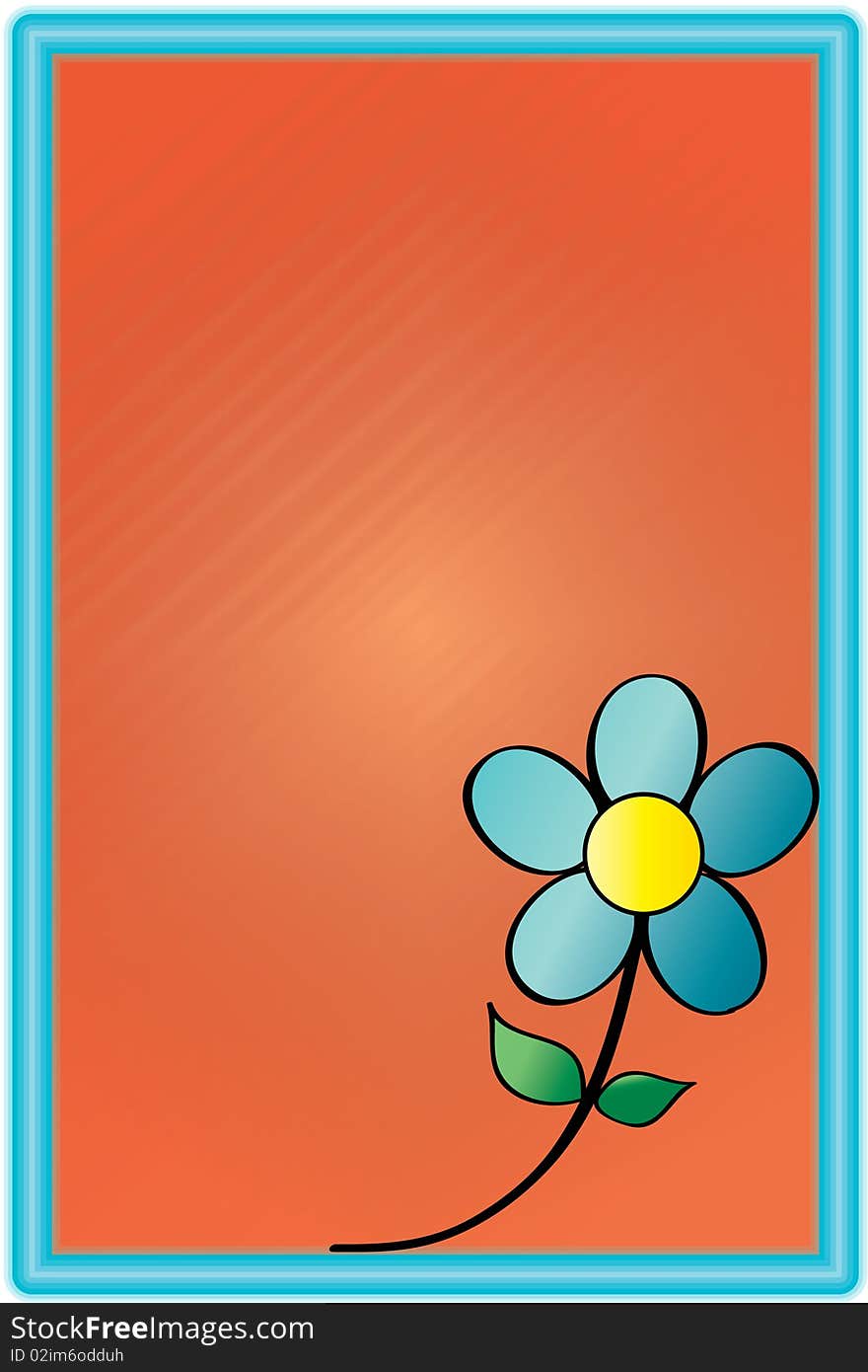 Turquoise blue neon frame with gradient orange background and blue flower on the botton right corner. Turquoise blue neon frame with gradient orange background and blue flower on the botton right corner