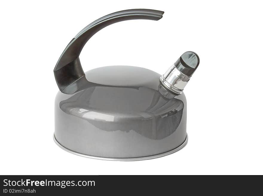 Silver kettle with whistle on a white background.