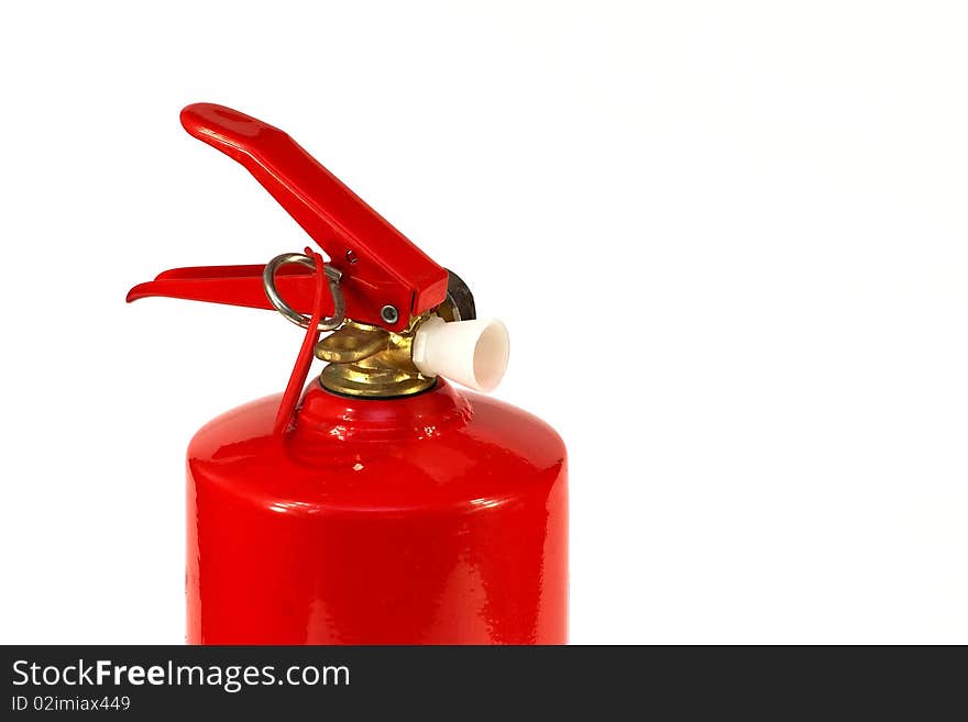 A red fire extinguisher on a white background. Hand tools for fire extinguishing