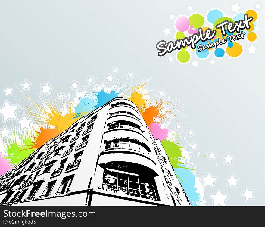 Vector illustration of a roughly traced modern building with colorful splatter elements in the background with cheerful stars and lined art. Sample text in the corner. Vector illustration of a roughly traced modern building with colorful splatter elements in the background with cheerful stars and lined art. Sample text in the corner.