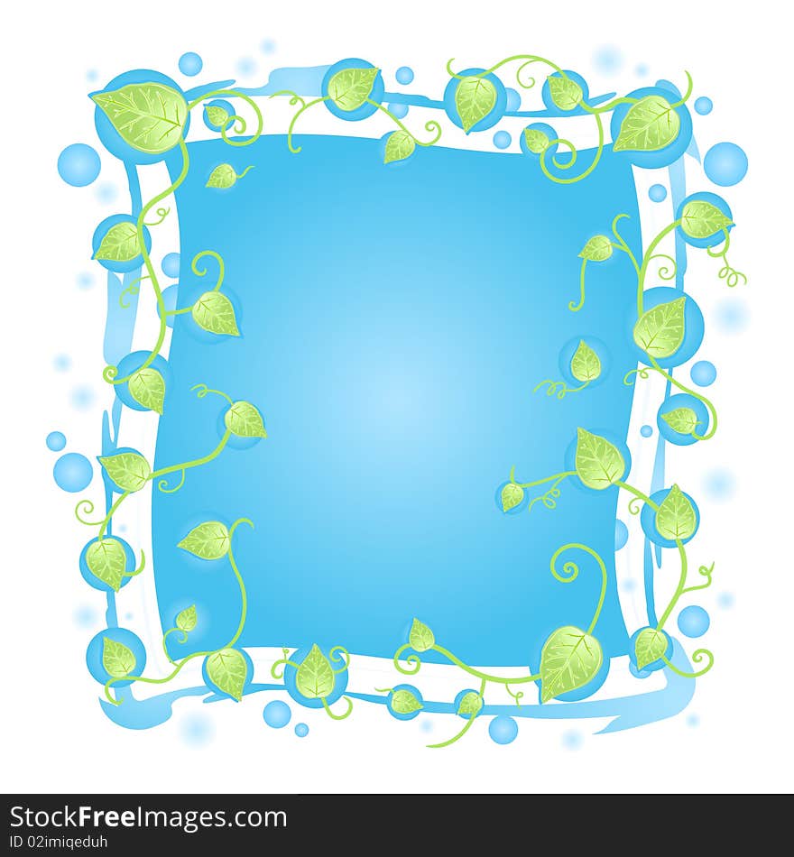 Vector illustration of a fresh floral frame design with leaf vines border, blurred blue drops and funky details around the banner. Vector illustration of a fresh floral frame design with leaf vines border, blurred blue drops and funky details around the banner.