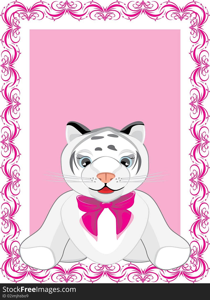 Little Tiger With Pink Bow In The Decorative Frame