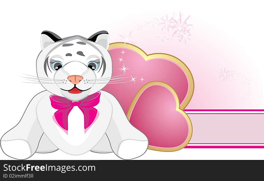 Little Tiger With Pink Bow And Hearts. Banner