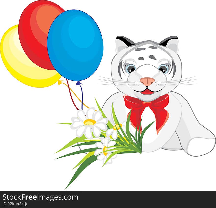 Little Tiger With Chamomiles And Colorful Balloons