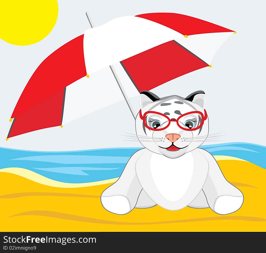 Little tiger with umbrella on the beach. Illustration