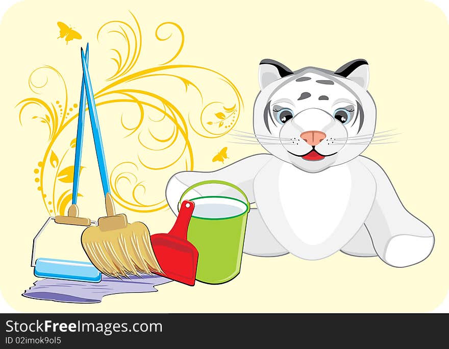 Little tiger with set for cleaning. Card. Illustration