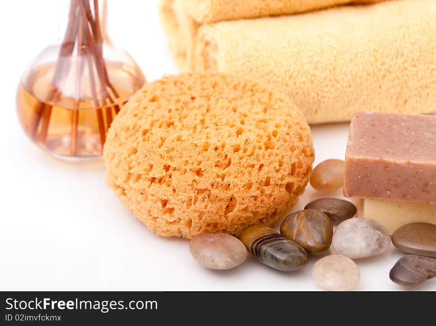 Various spa objects on white background