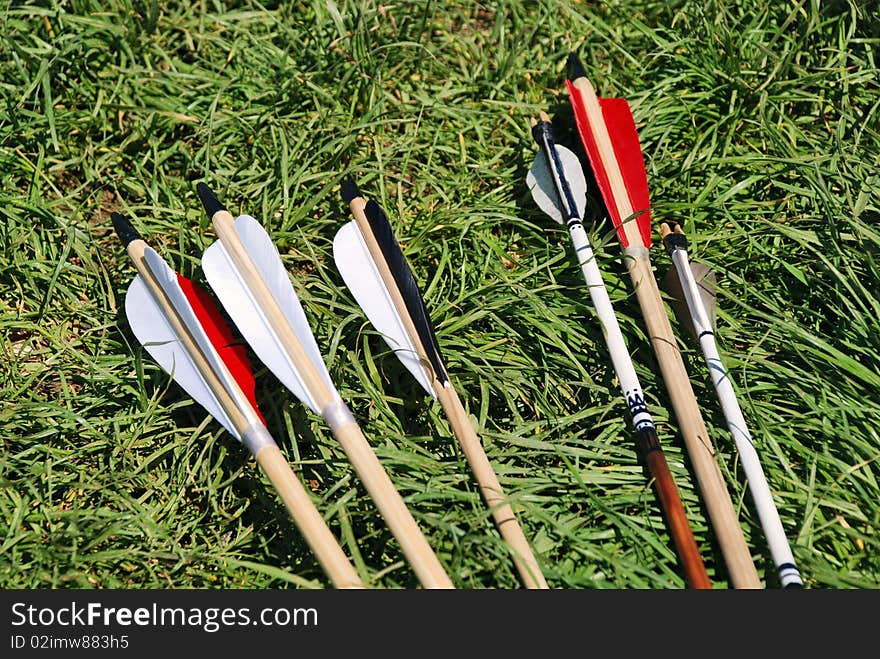 Closeup with traditional handmade arrows on grass