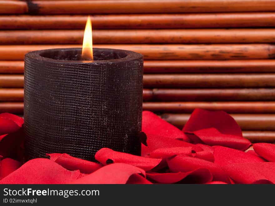 Candle surrounded with red rose petals. Candle surrounded with red rose petals