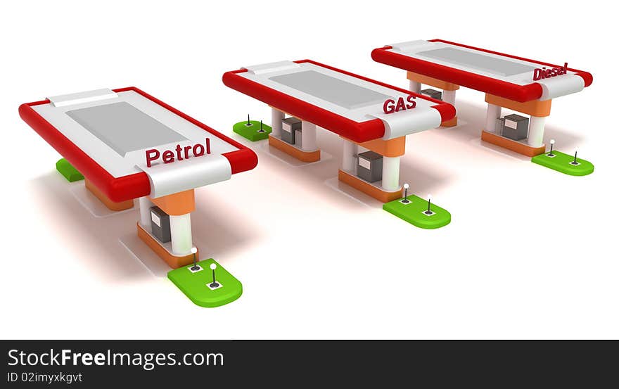 Three red filling stations isolated on white. 3D image.