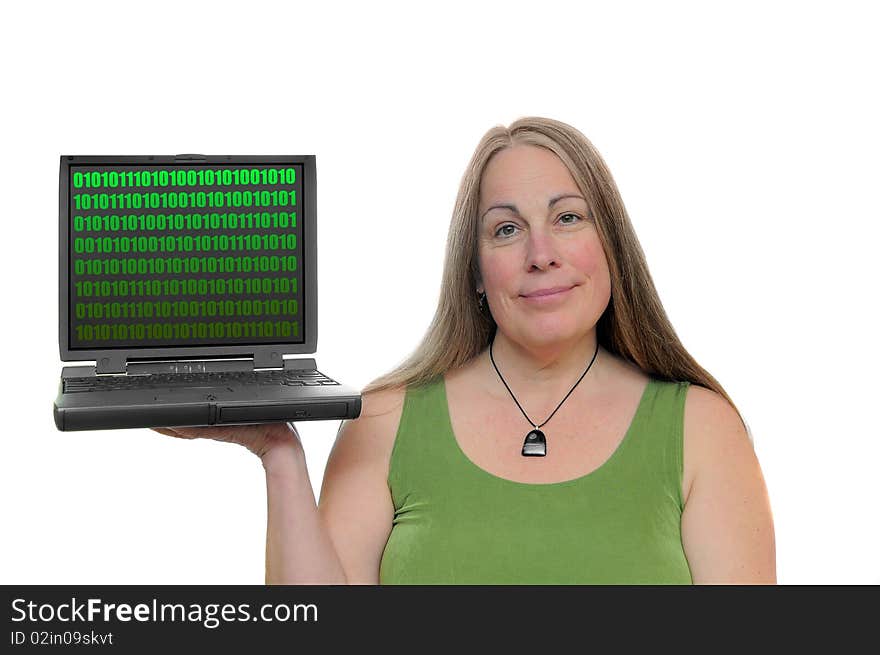 Woman holding laptop computer with binary code on screen