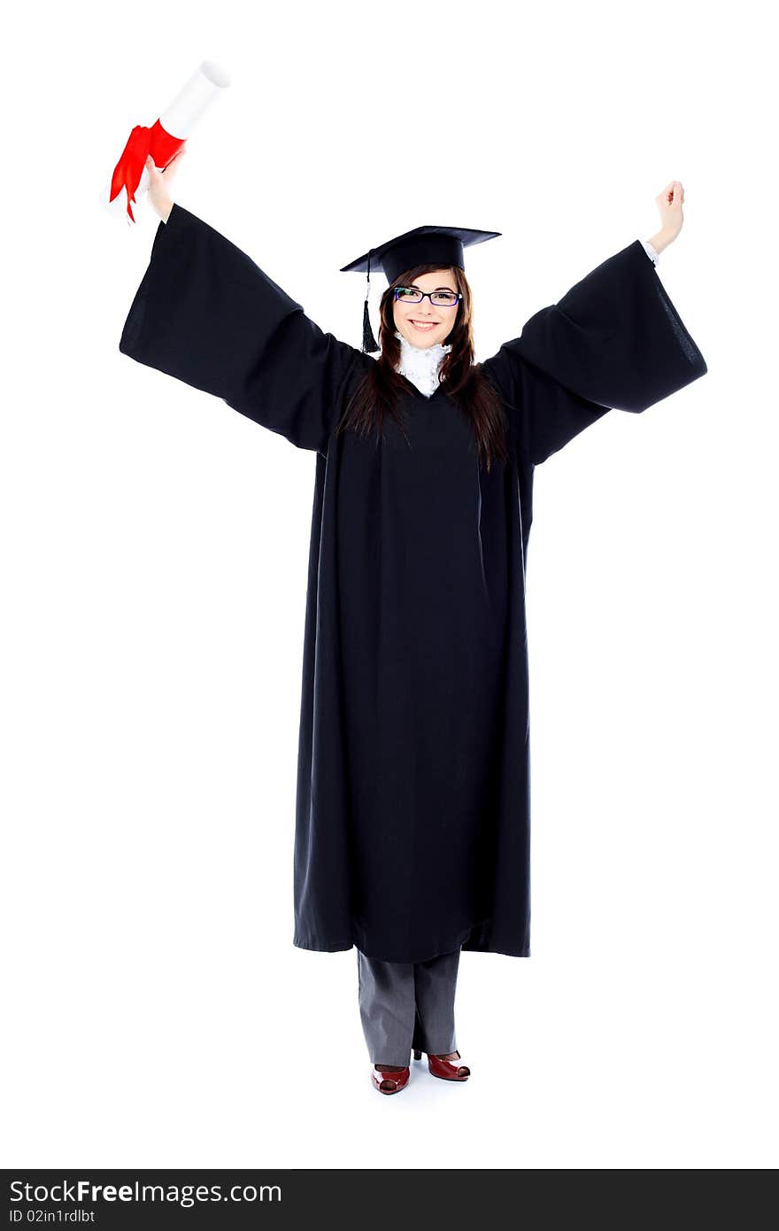 Educational theme: graduating student girl in an academic gown. Isolated over white background. Educational theme: graduating student girl in an academic gown. Isolated over white background.