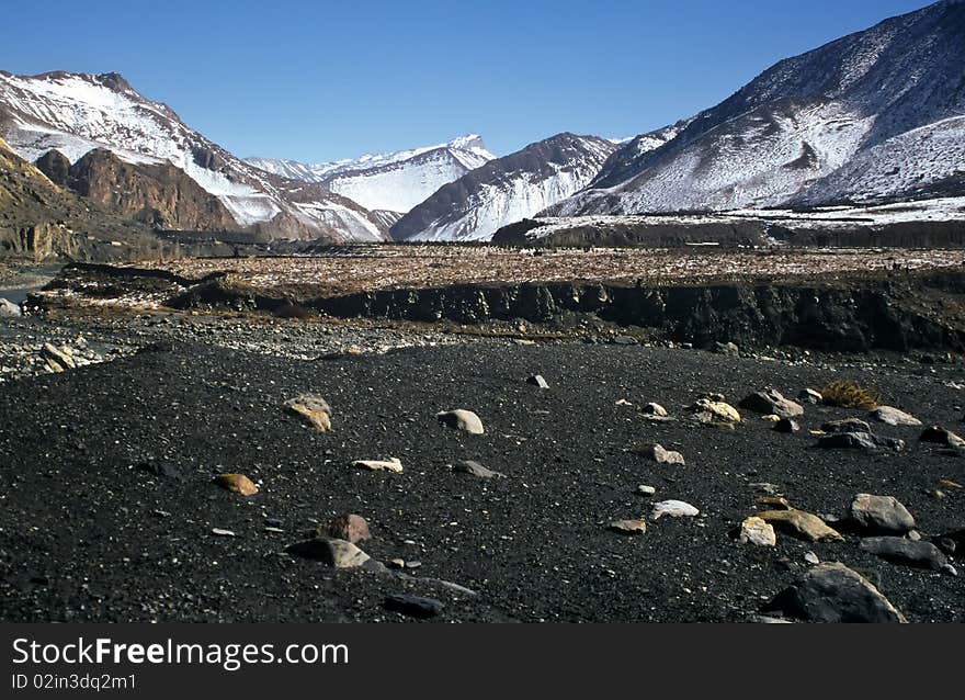 Barren high mountain valley in the Himalaya, Nepal. Barren high mountain valley in the Himalaya, Nepal